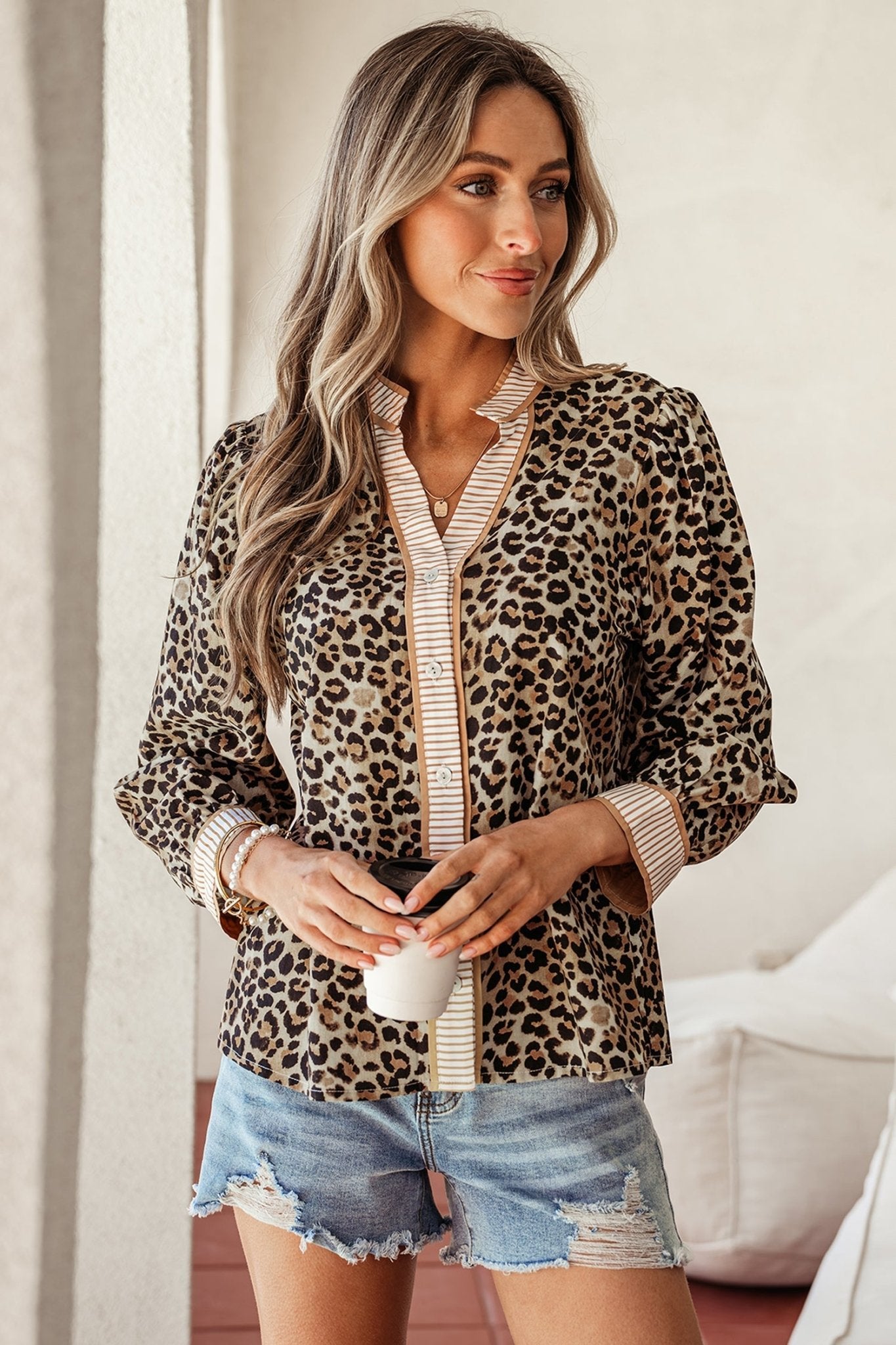 Jordyn Contrast Striped Trim Shirt - Hello Beautiful BoutiqueBlouses & ShirtsThreaded Pear