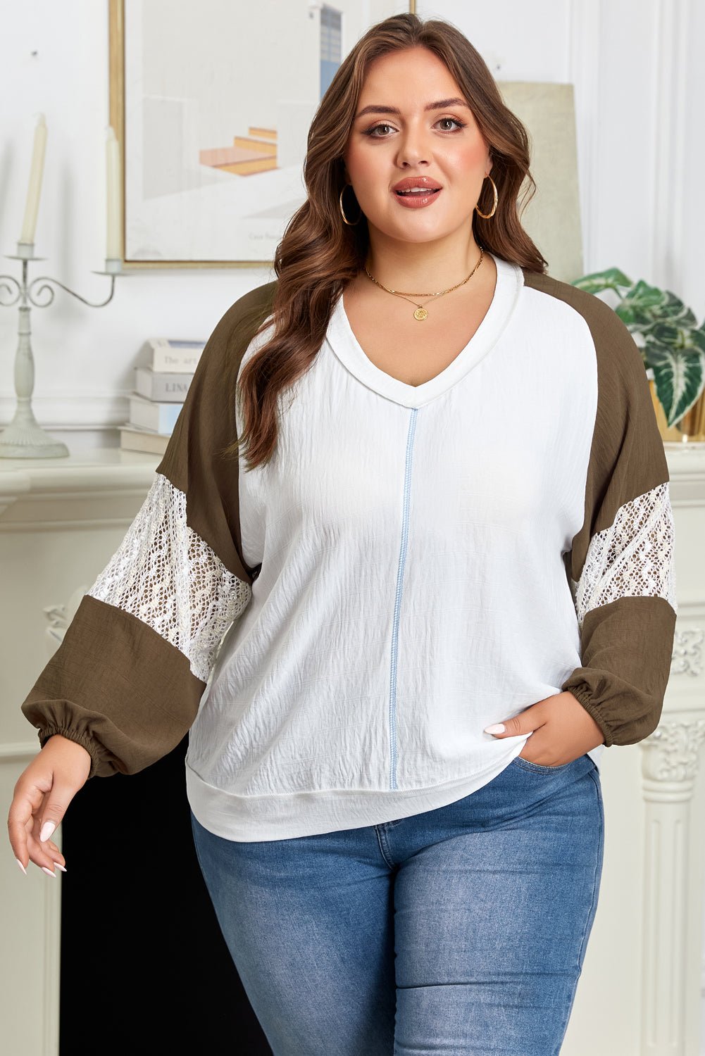 Julietta Patchwork Balloon Sleeve PLUS Blouse - Hello Beautiful BoutiquePlus Size Blouses & ShirtsThreaded Pear