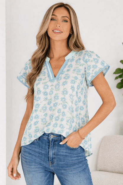 Keilani Patchwork Flutter Sleeve Blouse - Hello Beautiful BoutiqueBlouses & ShirtsThreaded Pear