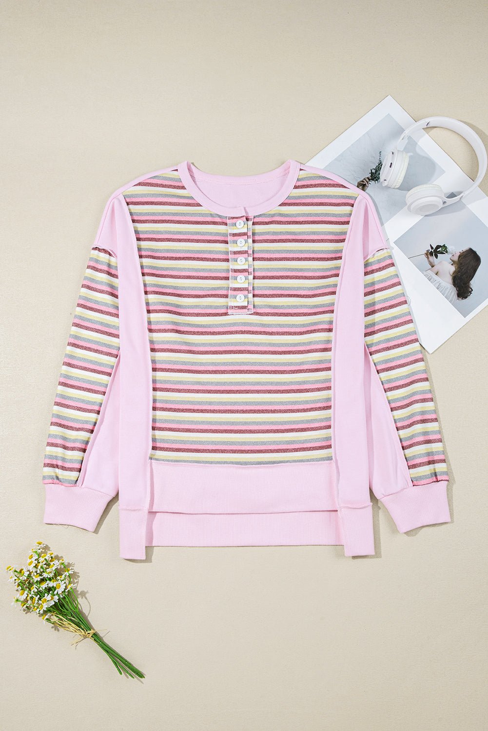 Khloe Patchwork Loose Henley Sweatshirt - Hello Beautiful BoutiqueSweatshirts & HoodiesThreaded Pear