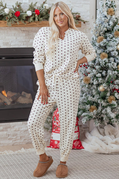 Kora Dot Print Notched Long Sleeve Top - Hello Beautiful BoutiqueLoungewearThreaded Pear