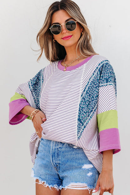 Kyra Patchwork Bracelet Sleeve Blouse - Hello Beautiful BoutiqueTops & TeesThreaded Pear