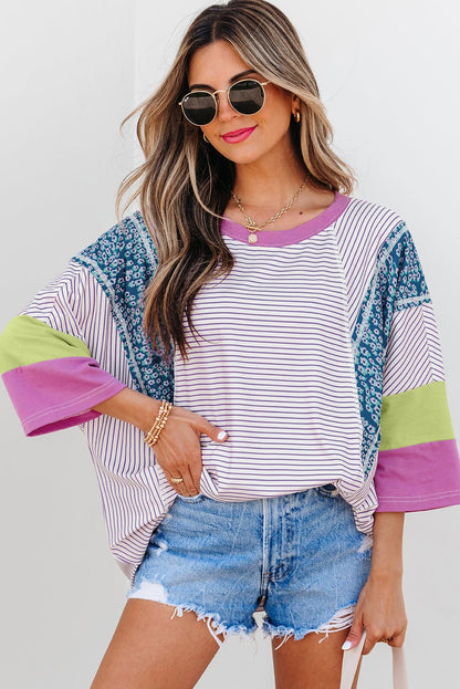 Kyra Patchwork Bracelet Sleeve Blouse - Hello Beautiful BoutiqueTops & TeesThreaded Pear