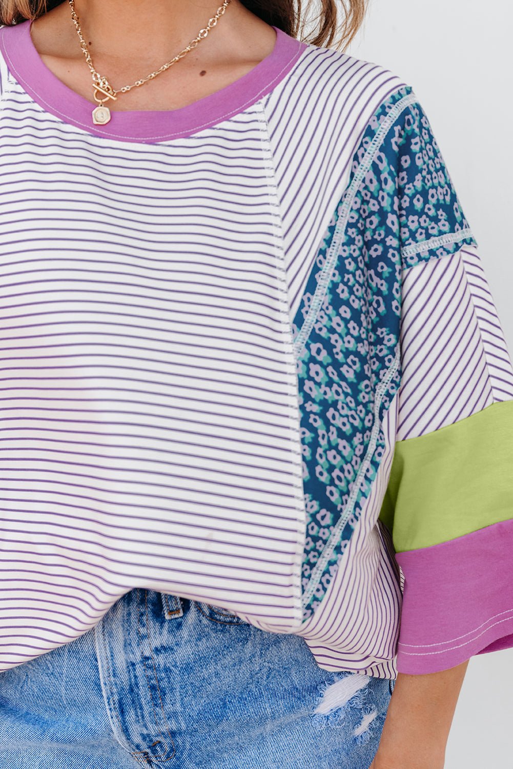 Kyra Patchwork Bracelet Sleeve Blouse - Hello Beautiful BoutiqueTops & TeesThreaded Pear