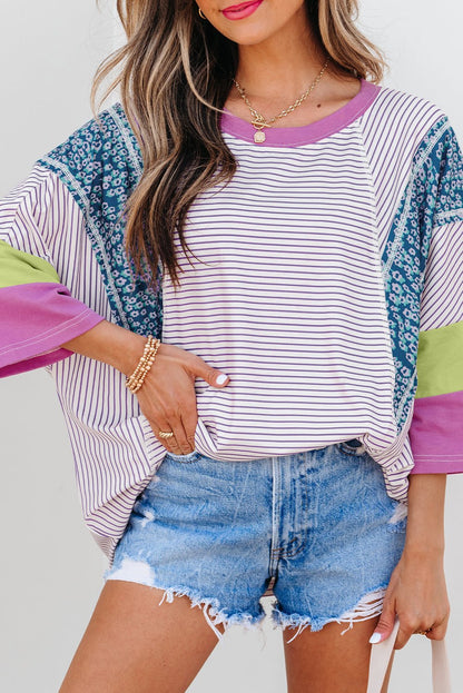 Kyra Patchwork Bracelet Sleeve Blouse - Hello Beautiful BoutiqueTops & TeesThreaded Pear