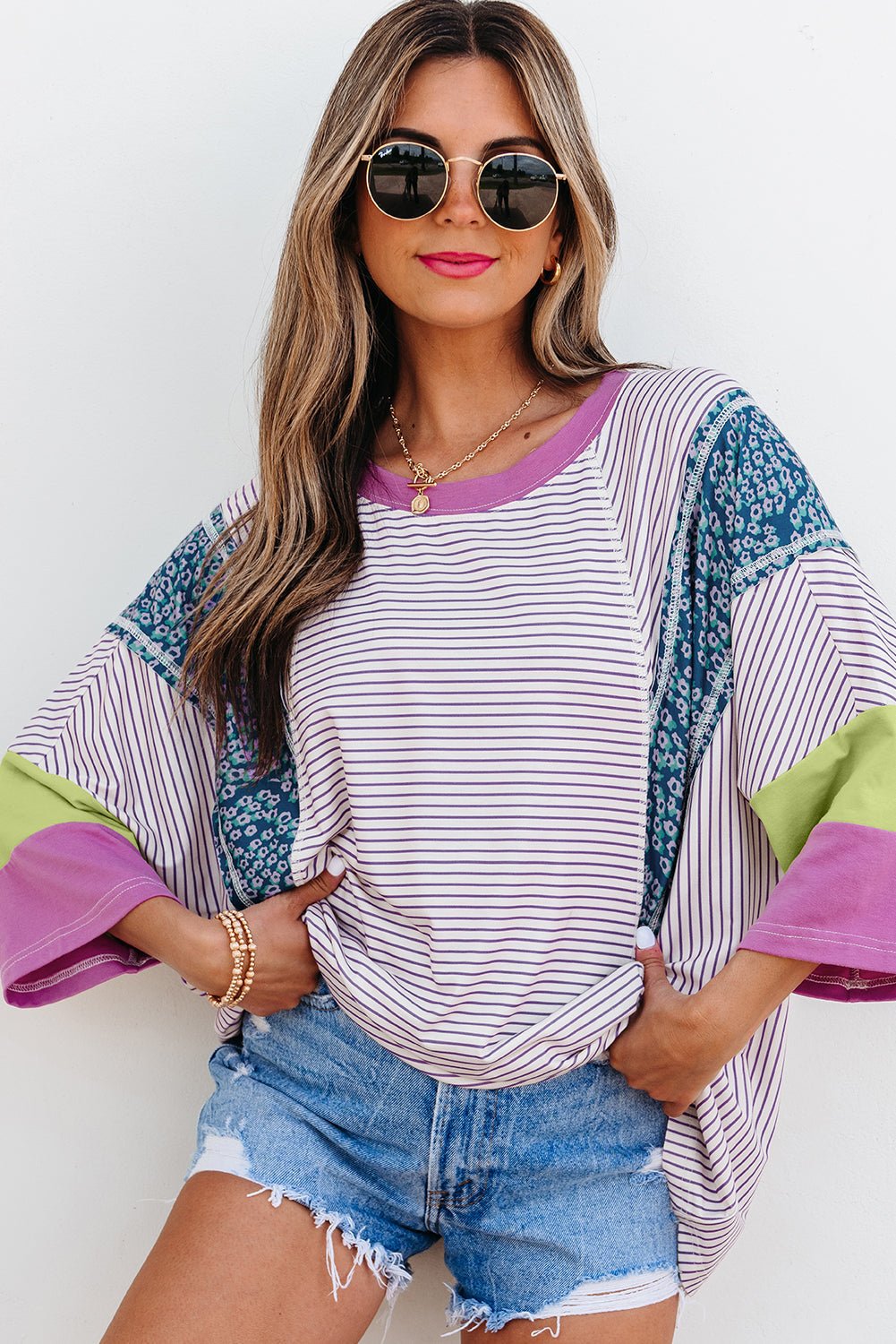 Kyra Patchwork Bracelet Sleeve Blouse - Hello Beautiful BoutiqueTops & TeesThreaded Pear