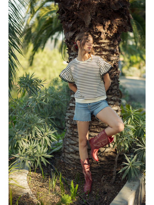 Striped Sweatshirt with Eyelet Trim