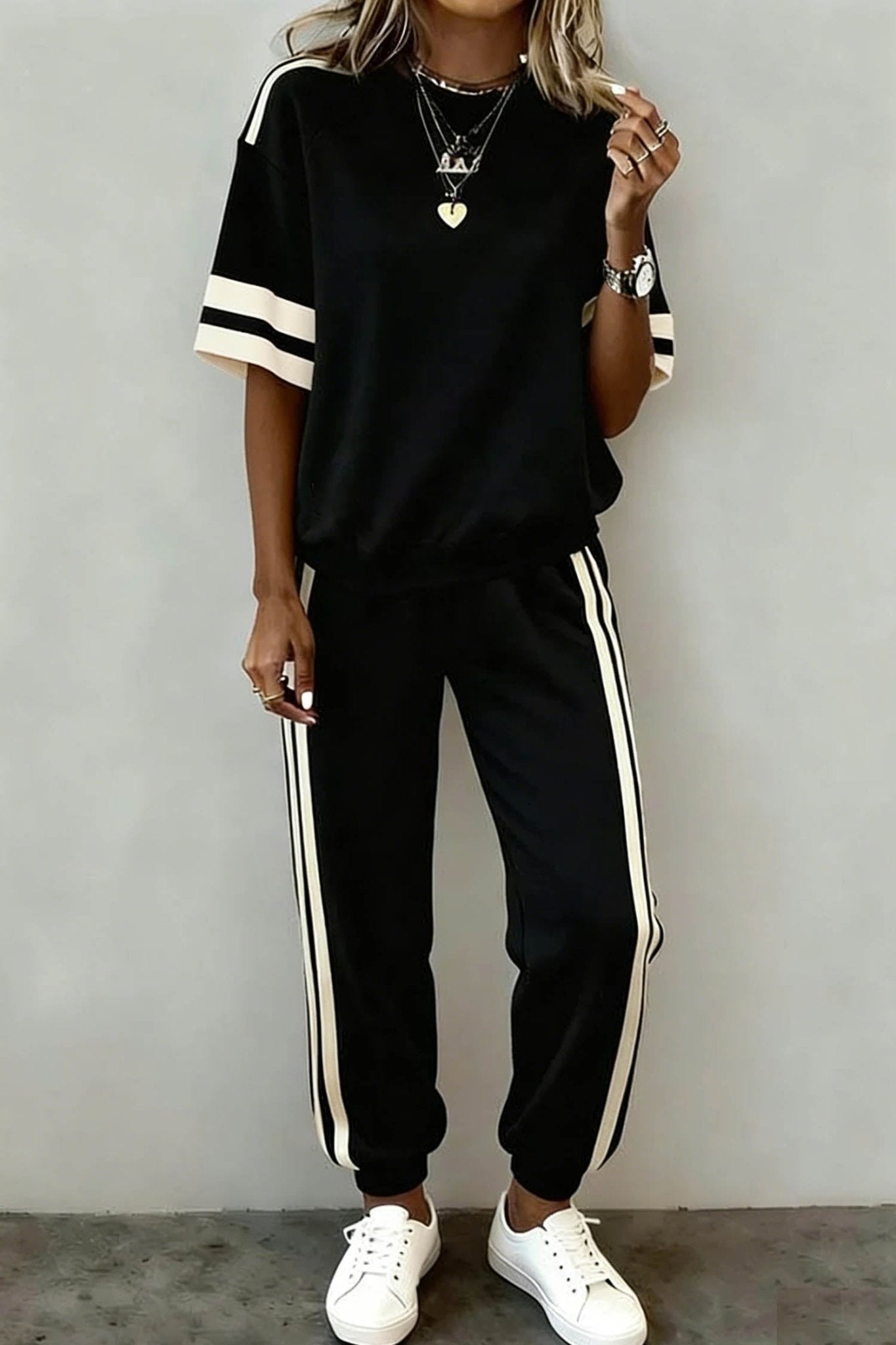 Leona Striped Detail Loose Tee - Hello Beautiful BoutiquePant SetsThreaded Pear