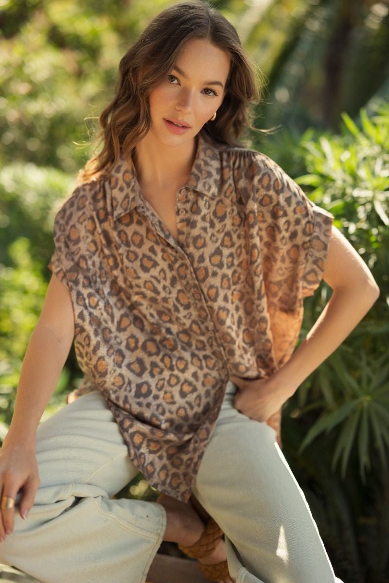 Leopard Print Button-Up Top with Ruched Shoulders - Hello Beautiful BoutiqueTopJodifl