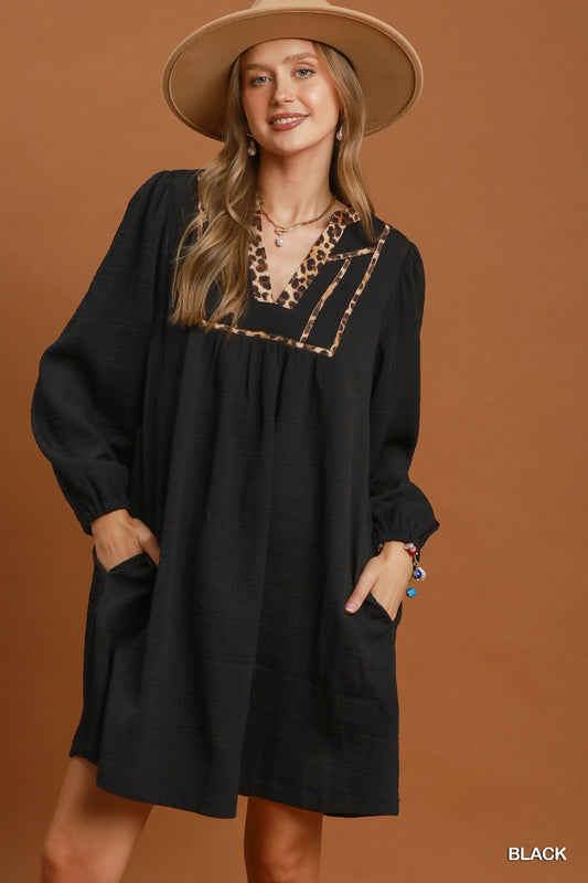 Leopard Trim Babydoll Dress C6580 - Hello Beautiful BoutiqueDress/ MiniUmgee