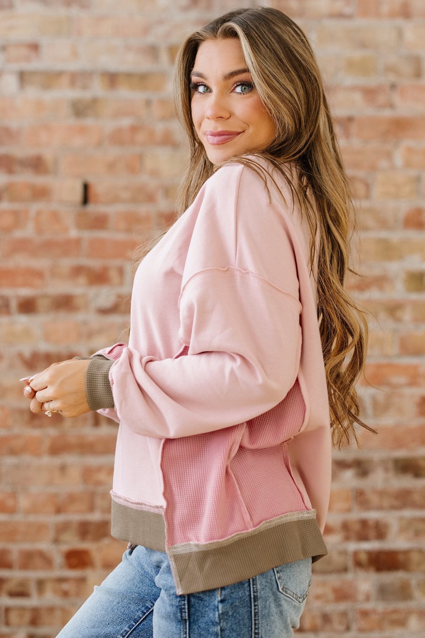 Lina Waffle Patchwork Oversize Sweatshirt - Hello Beautiful BoutiqueSweatshirts & HoodiesThreaded Pear