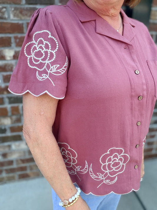 Linen Floral Embroidered Button - Up Top - Hello Beautiful BoutiqueTopUmgee