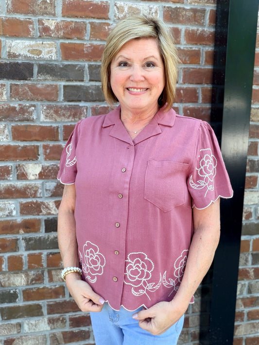 Linen Floral Embroidered Button - Up Top - Hello Beautiful BoutiqueTopUmgee