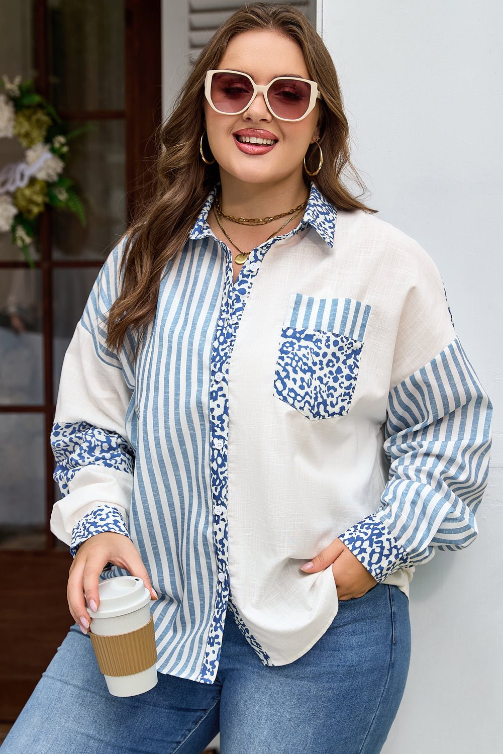 Livia Striped Patchwork Casual PLUS Shirt - Hello Beautiful BoutiquePlus Size Blouses & ShirtsThreaded Pear