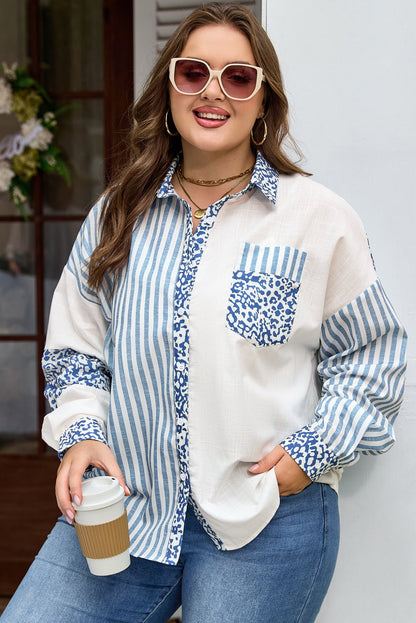 Livia Striped Patchwork Casual PLUS Shirt - Hello Beautiful BoutiquePlus Size Blouses & ShirtsThreaded Pear