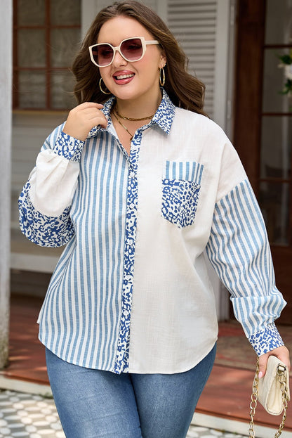 Livia Striped Patchwork Casual PLUS Shirt - Hello Beautiful BoutiquePlus Size Blouses & ShirtsThreaded Pear