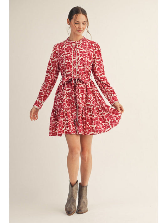 Long Sleeve Belted Floral Dress B12580 - Hello Beautiful BoutiqueDressJodifl