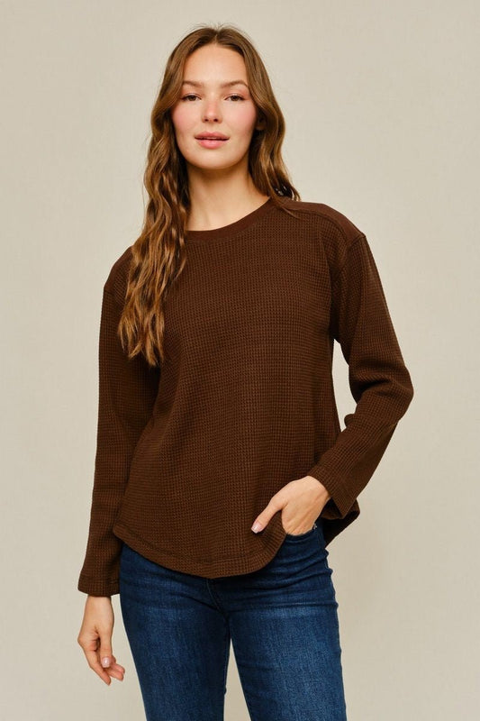 Long Sleeve Waffle Knit Top with Contrast Shoulders - Hello Beautiful BoutiqueTopJodifl