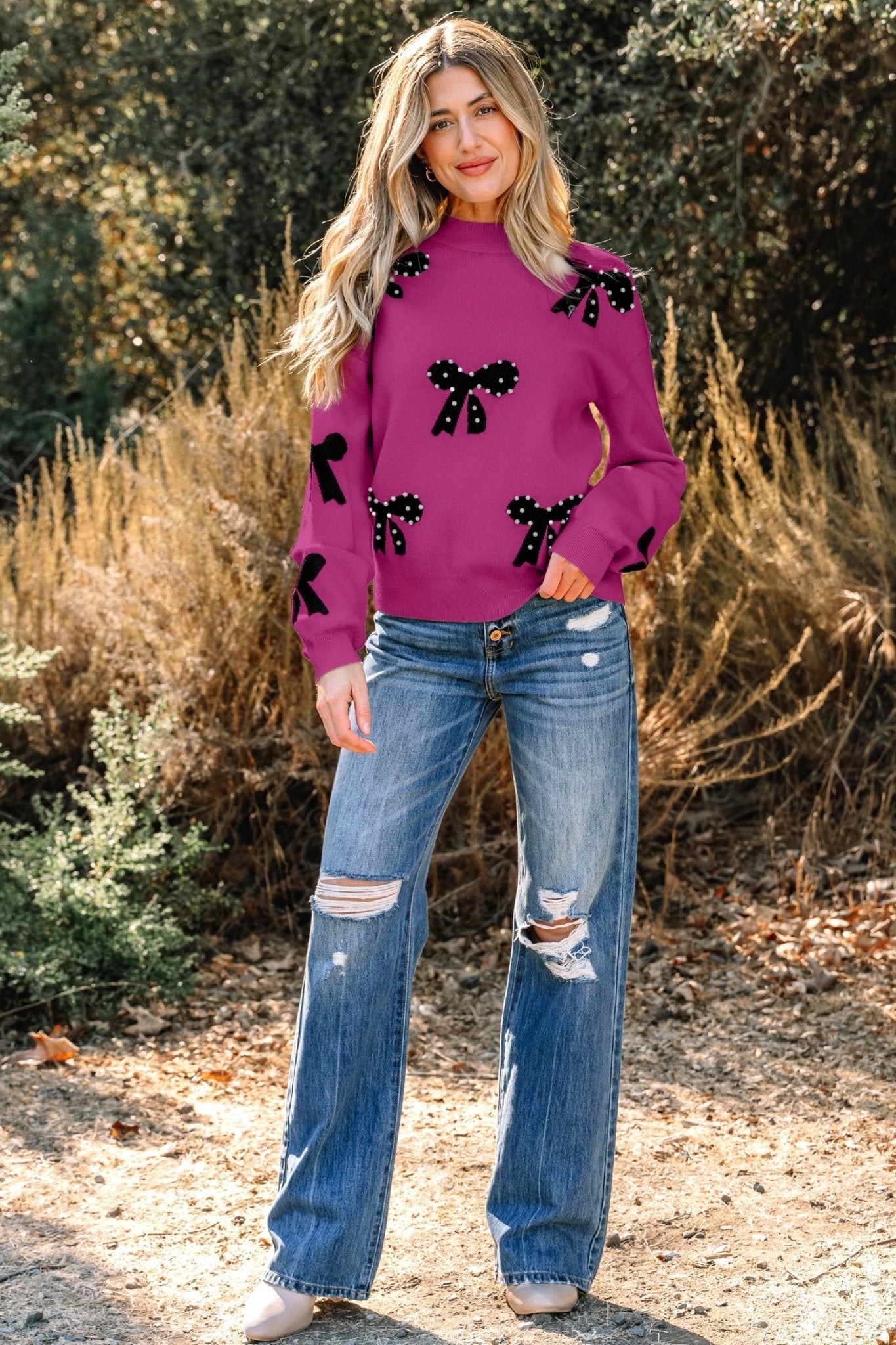 Lucy Bow Pattern Loose Sweater - Hello Beautiful BoutiqueSweatersThreaded Pear