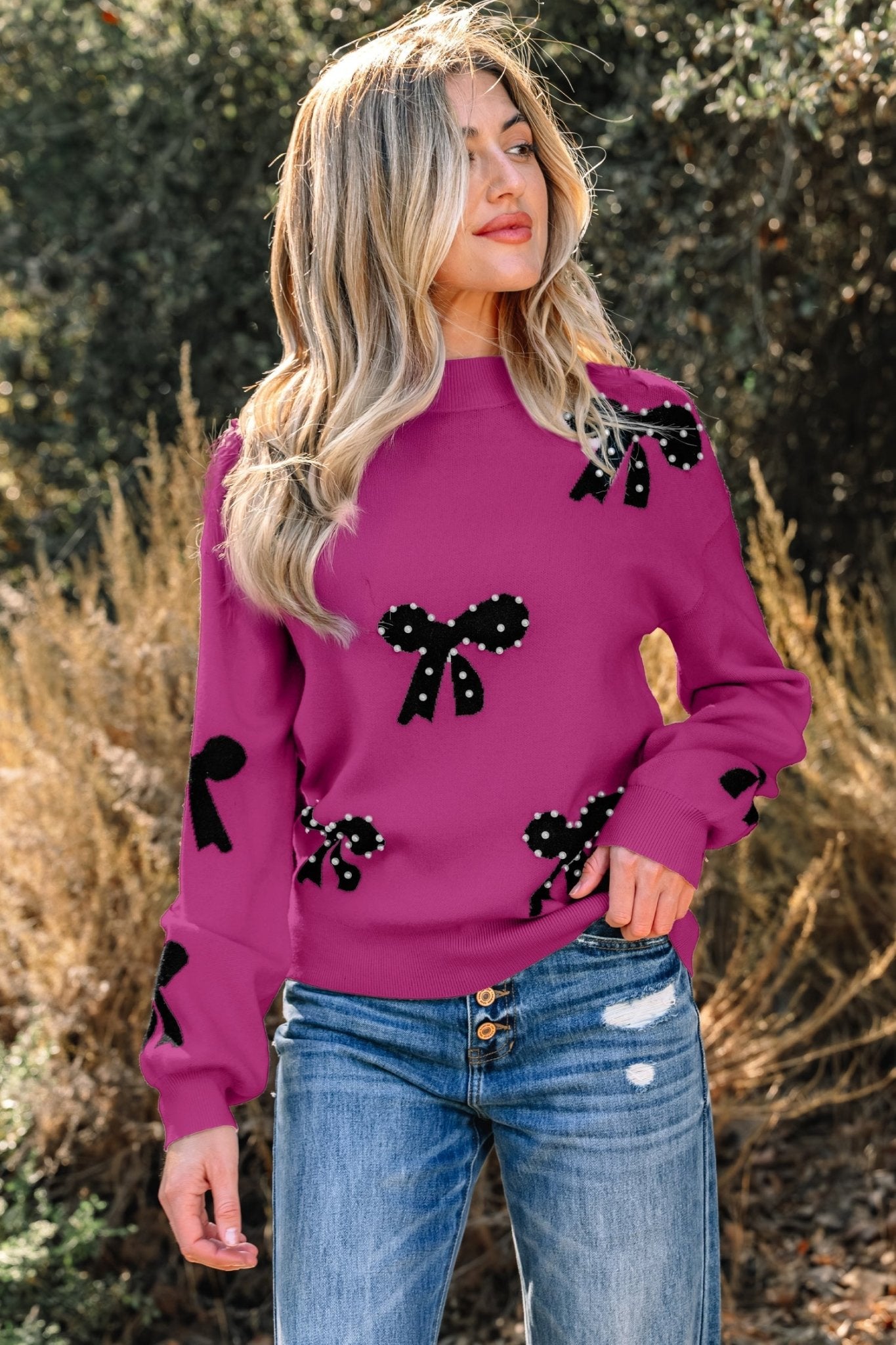 Lucy Bow Pattern Loose Sweater - Hello Beautiful BoutiqueSweatersThreaded Pear
