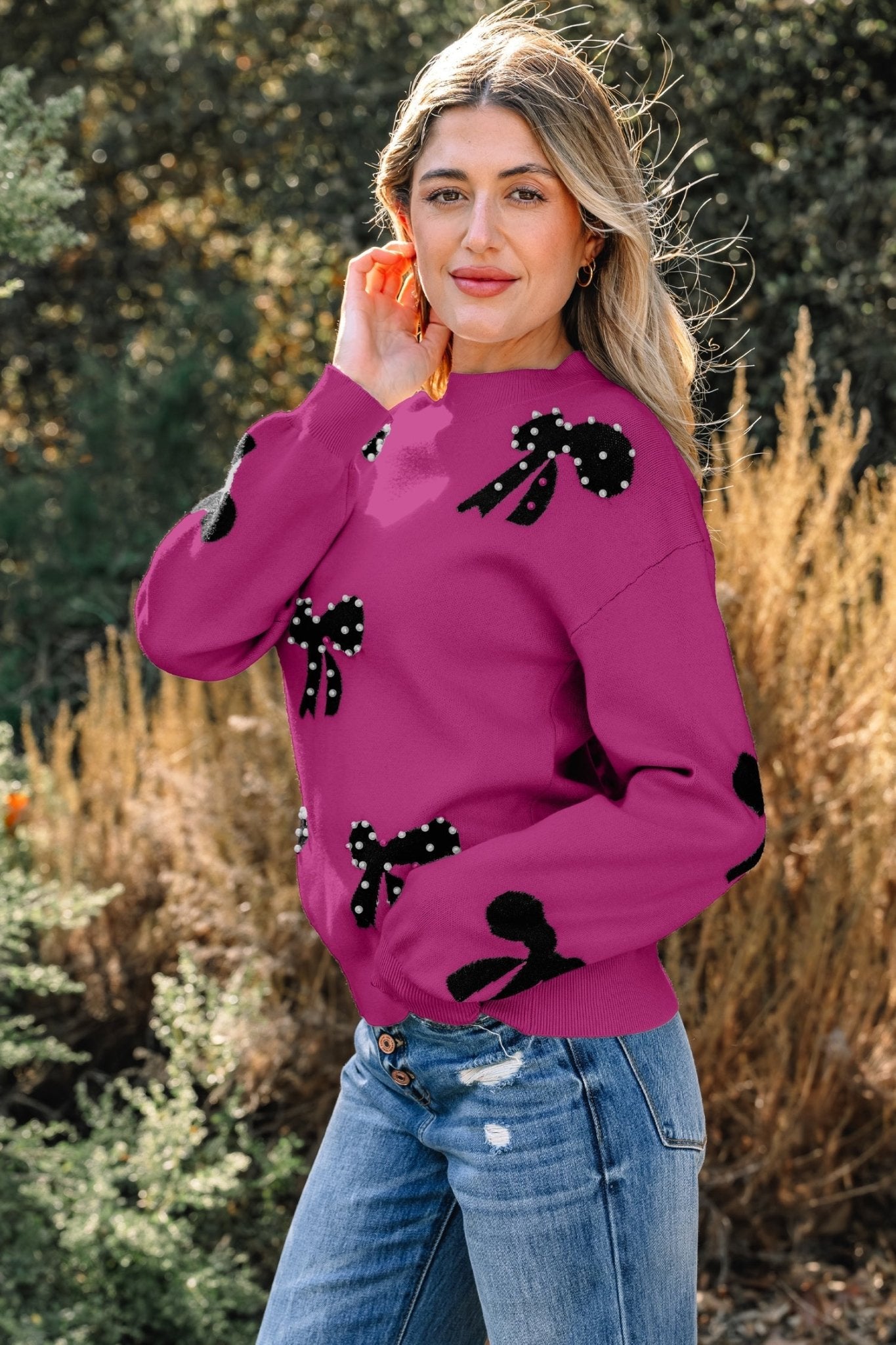 Lucy Bow Pattern Loose Sweater - Hello Beautiful BoutiqueSweatersThreaded Pear