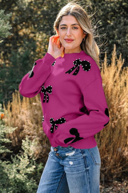 Lucy Bow Pattern Loose Sweater - Hello Beautiful BoutiqueSweatersThreaded Pear
