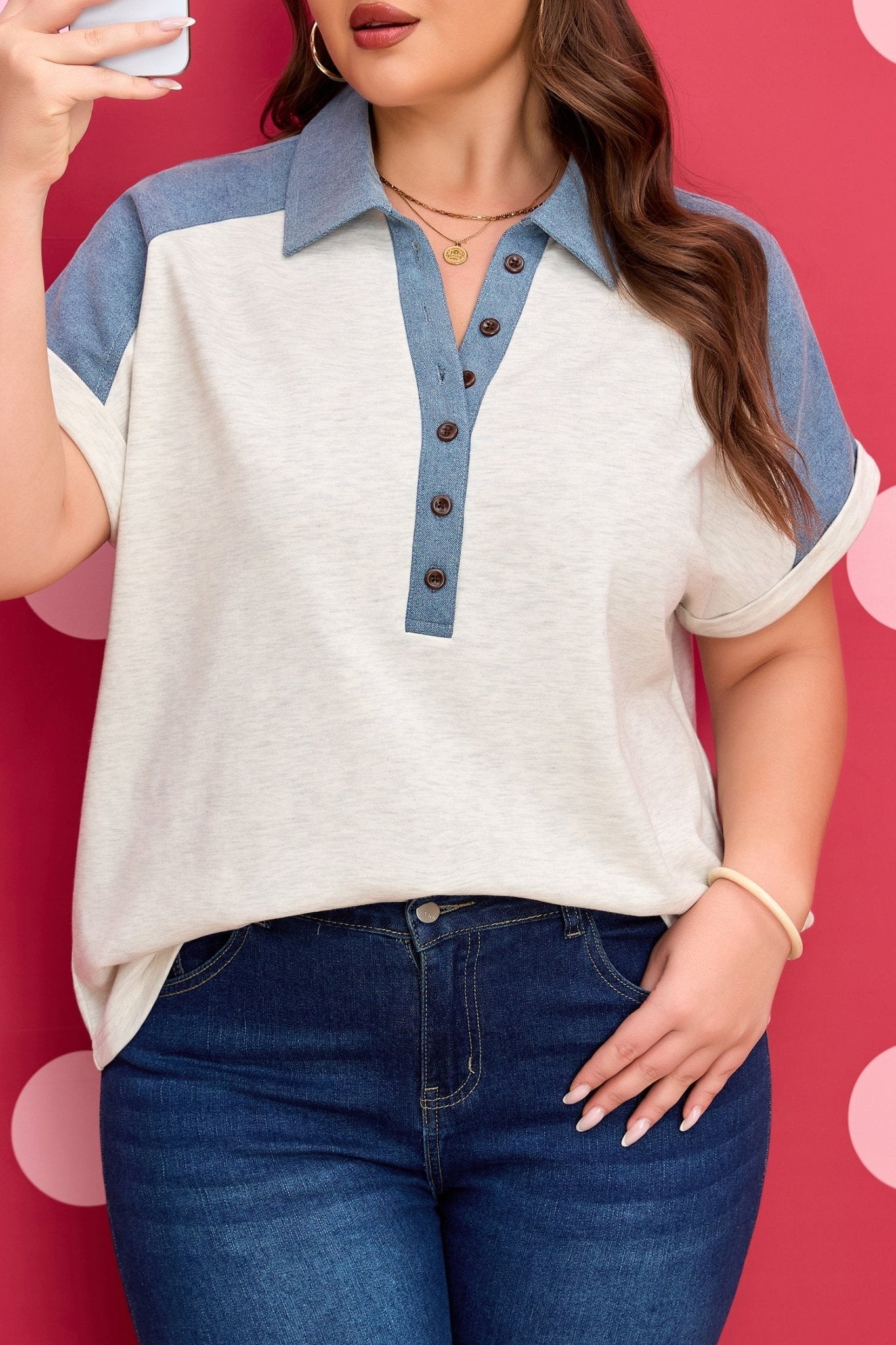 Maddie Cuffed Sleeve Polo PLUS Tee - Hello Beautiful BoutiquePlus Size Tops & TeesThreaded Pear