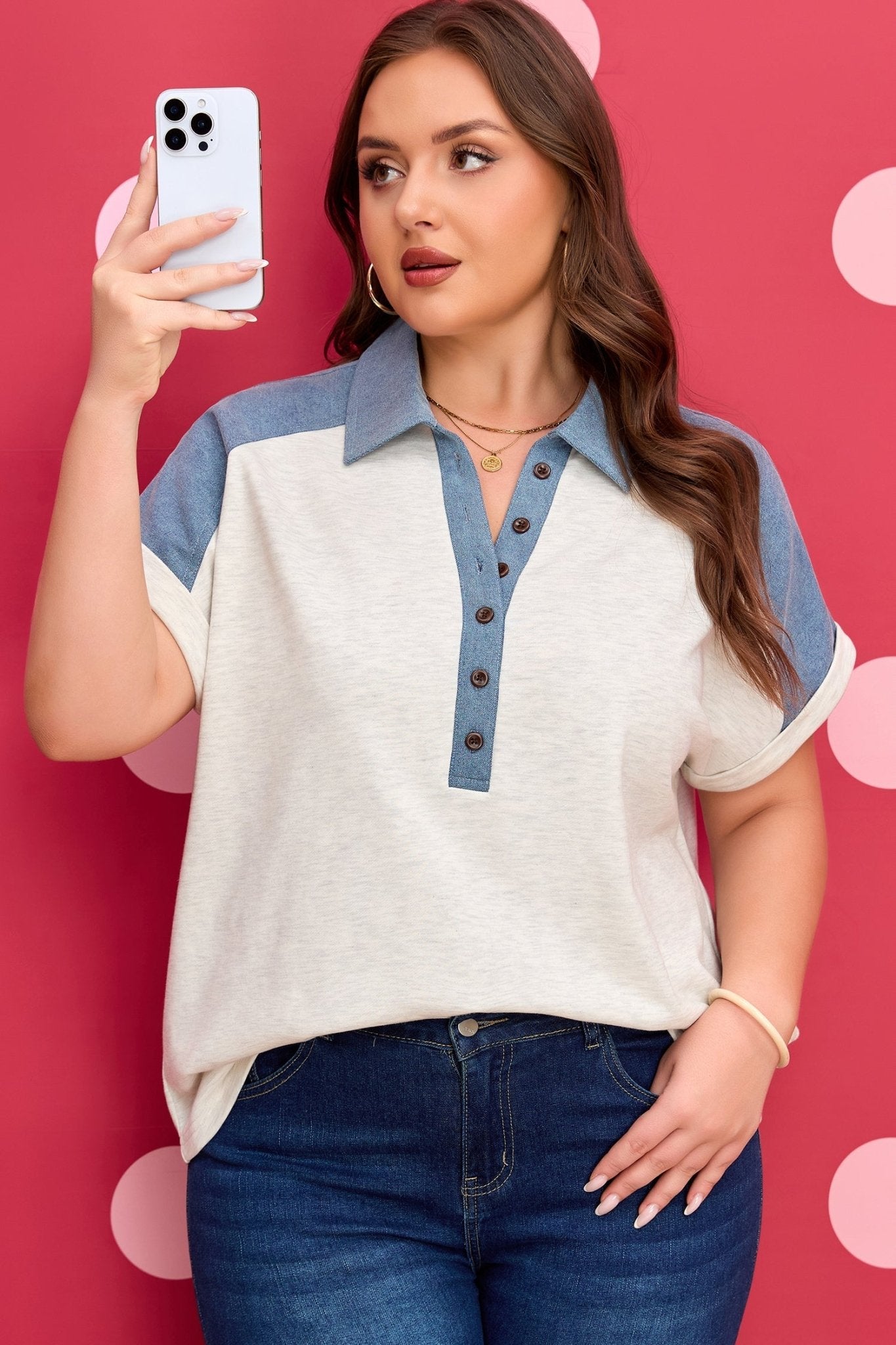 Maddie Cuffed Sleeve Polo PLUS Tee - Hello Beautiful BoutiquePlus Size Tops & TeesThreaded Pear