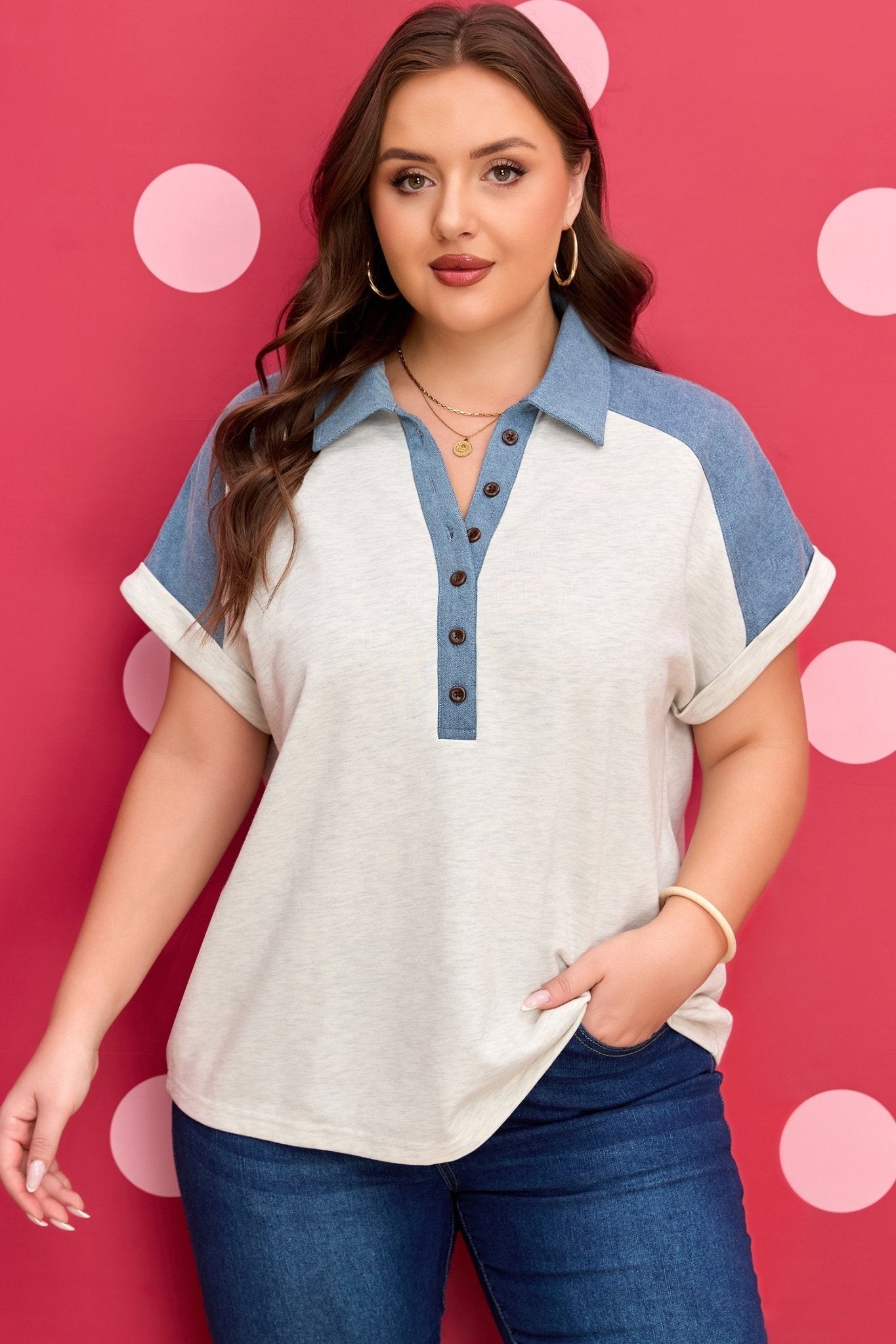 Maddie Cuffed Sleeve Polo PLUS Tee - Hello Beautiful BoutiquePlus Size Tops & TeesThreaded Pear