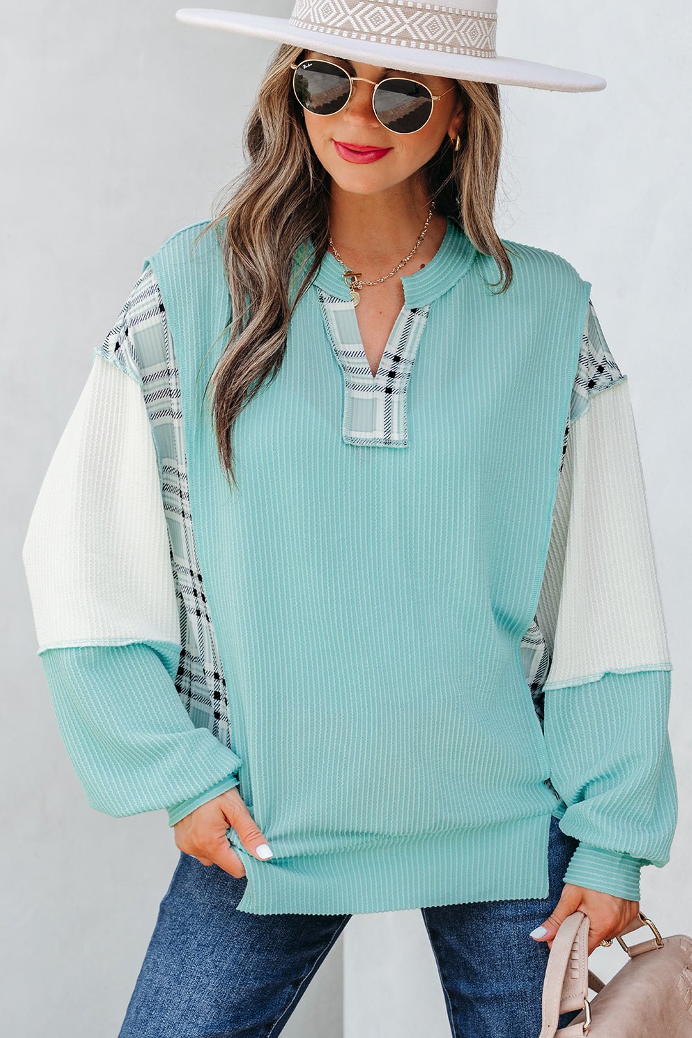 Maddie Texture Colorblock Patchwork Long Sleeve PLUS Top - Hello Beautiful BoutiqueLong Sleeve TopsThreaded Pear