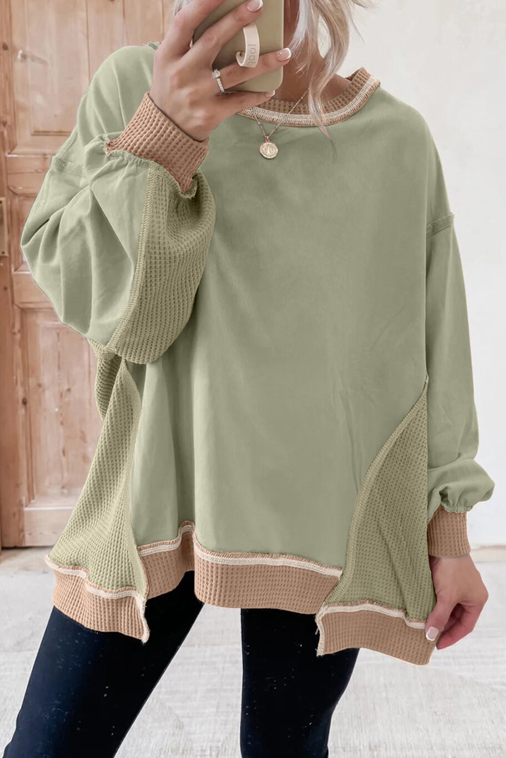Maelynn Waffle Patchwork Oversize Sweatshirt - Hello Beautiful BoutiqueSweatshirts & HoodiesThreaded Pear