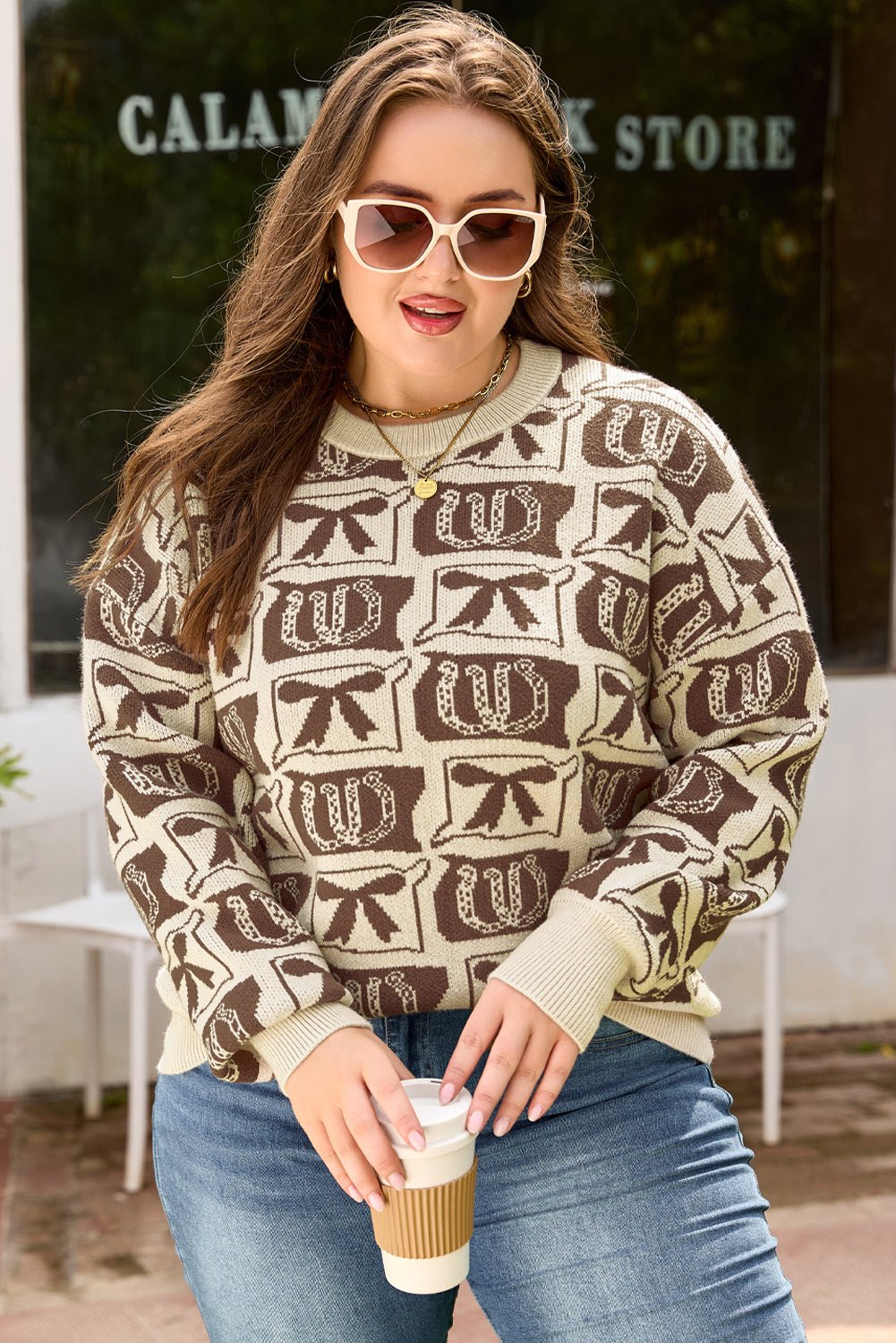 Magnolia Horseshoe Print Checkered PLUS Sweater - Hello Beautiful BoutiquePlus Size Sweaters & CardigansThreaded Pear