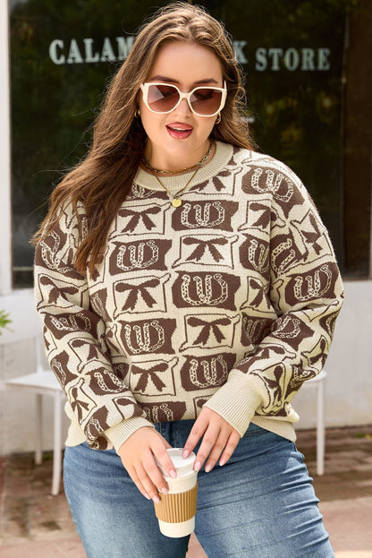 Magnolia Horseshoe Print Checkered PLUS Sweater - Hello Beautiful BoutiquePlus Size Sweaters & CardigansThreaded Pear