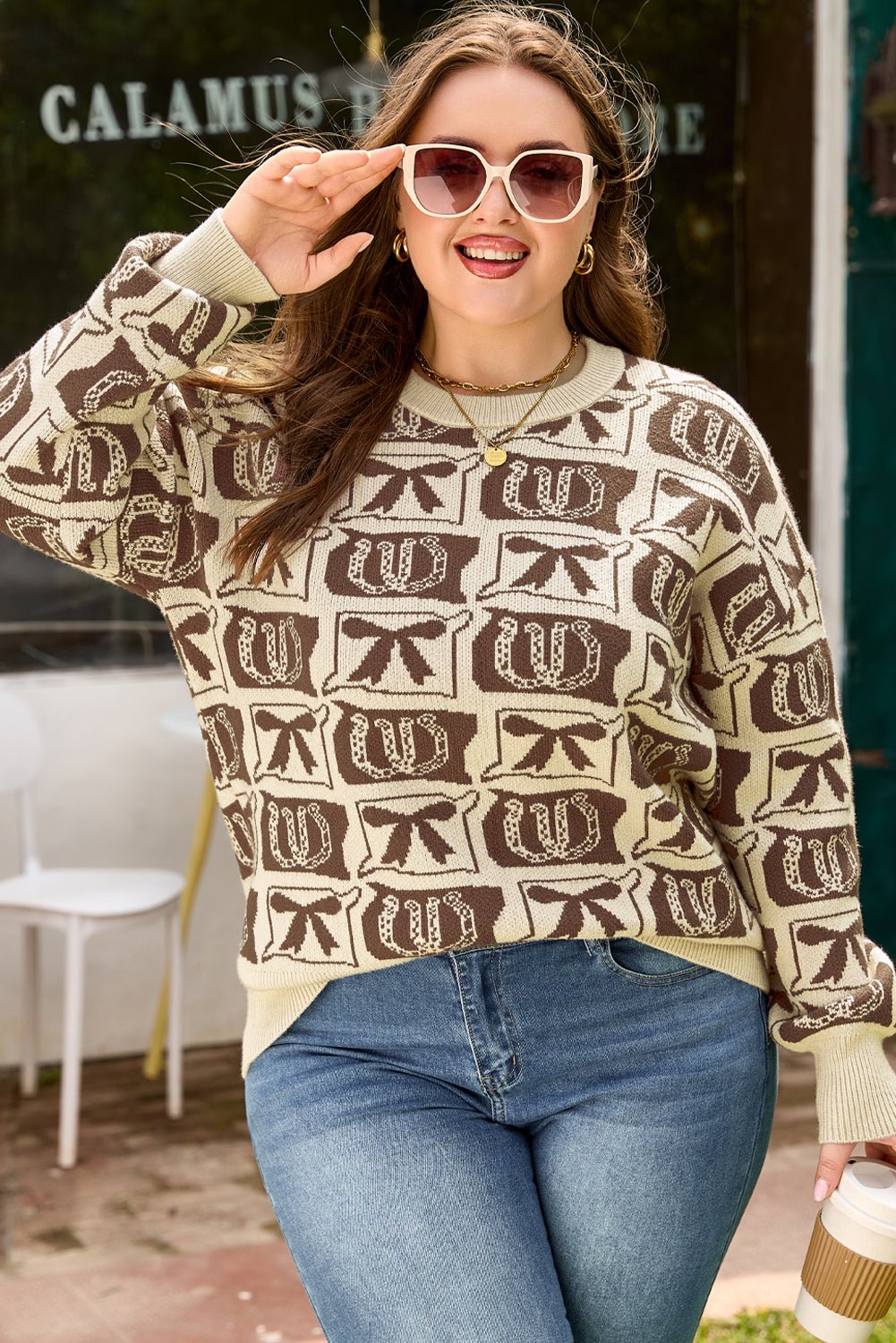 Magnolia Horseshoe Print Checkered PLUS Sweater - Hello Beautiful BoutiquePlus Size Sweaters & CardigansThreaded Pear
