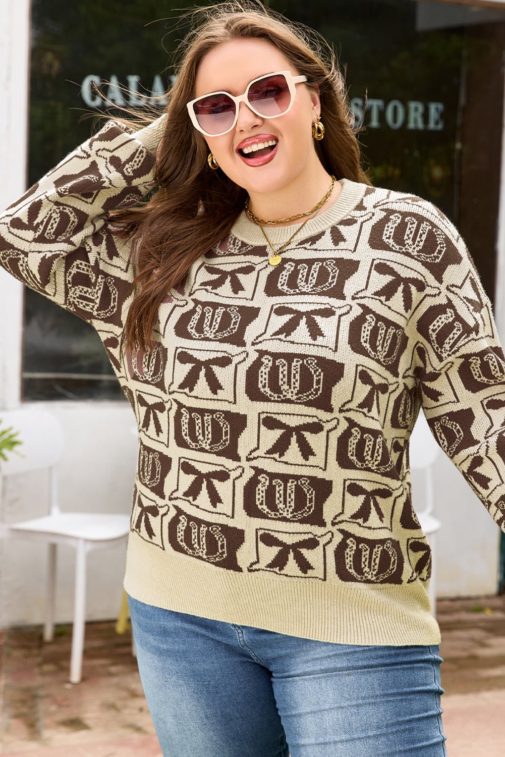 Magnolia Horseshoe Print Checkered PLUS Sweater - Hello Beautiful BoutiquePlus Size Sweaters & CardigansThreaded Pear