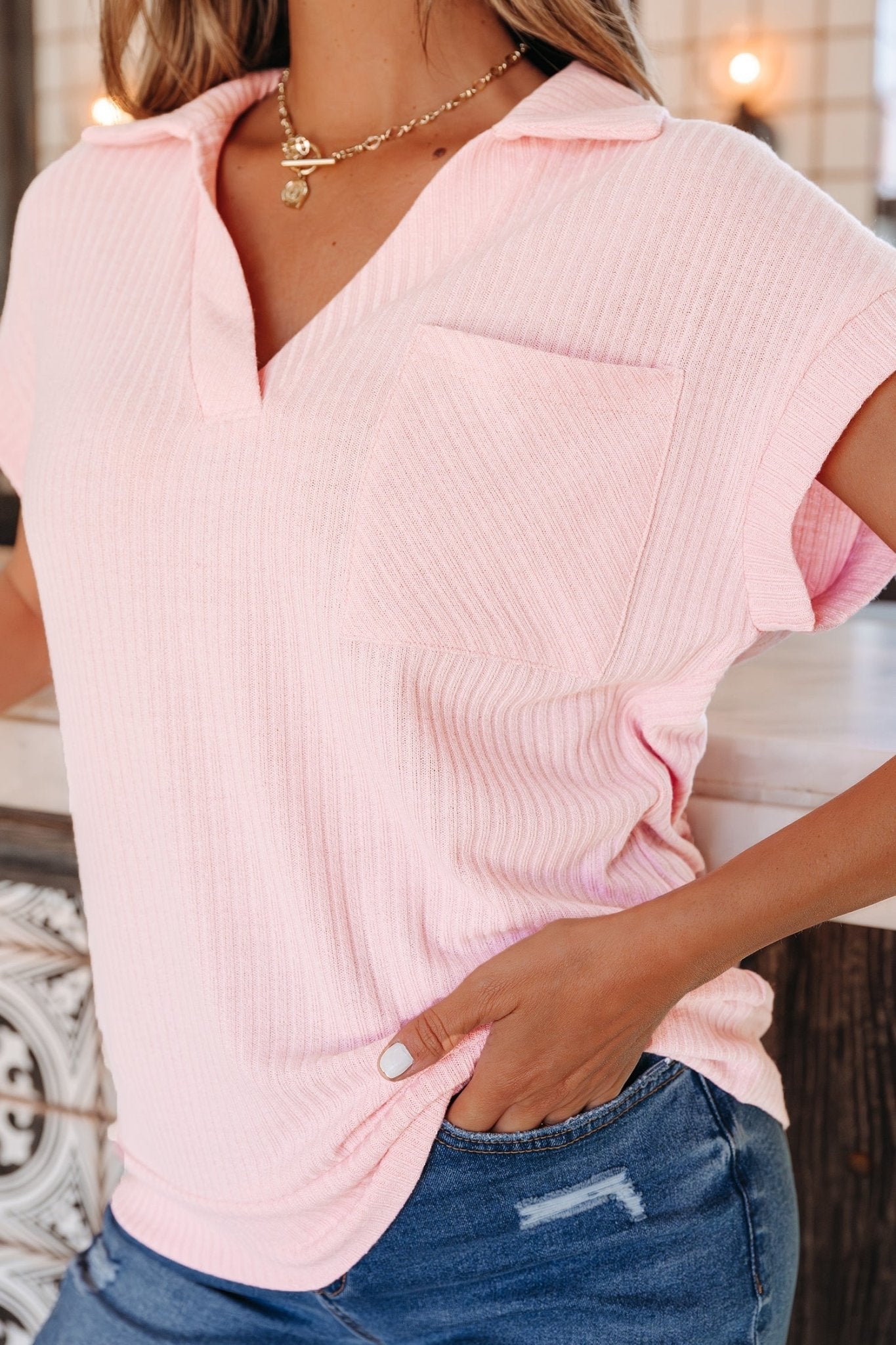 Marley Light Collared Ribbed Tee - Hello Beautiful BoutiqueTops & TeesThreaded Pear