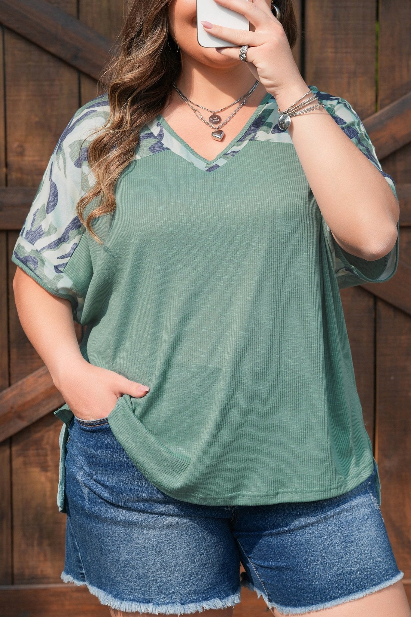 Mazie Mist Ribbed Patchwork PLUS Tee - Hello Beautiful BoutiquePlus Size Tops & TeesThreaded Pear