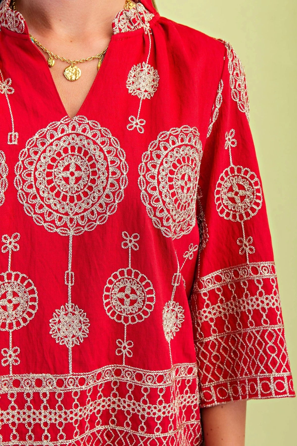 Metallic Embroidered V-Neck Blouse with Ruffled Neck & Wide 3/4 Sleeves - Hello Beautiful BoutiqueTopGigio