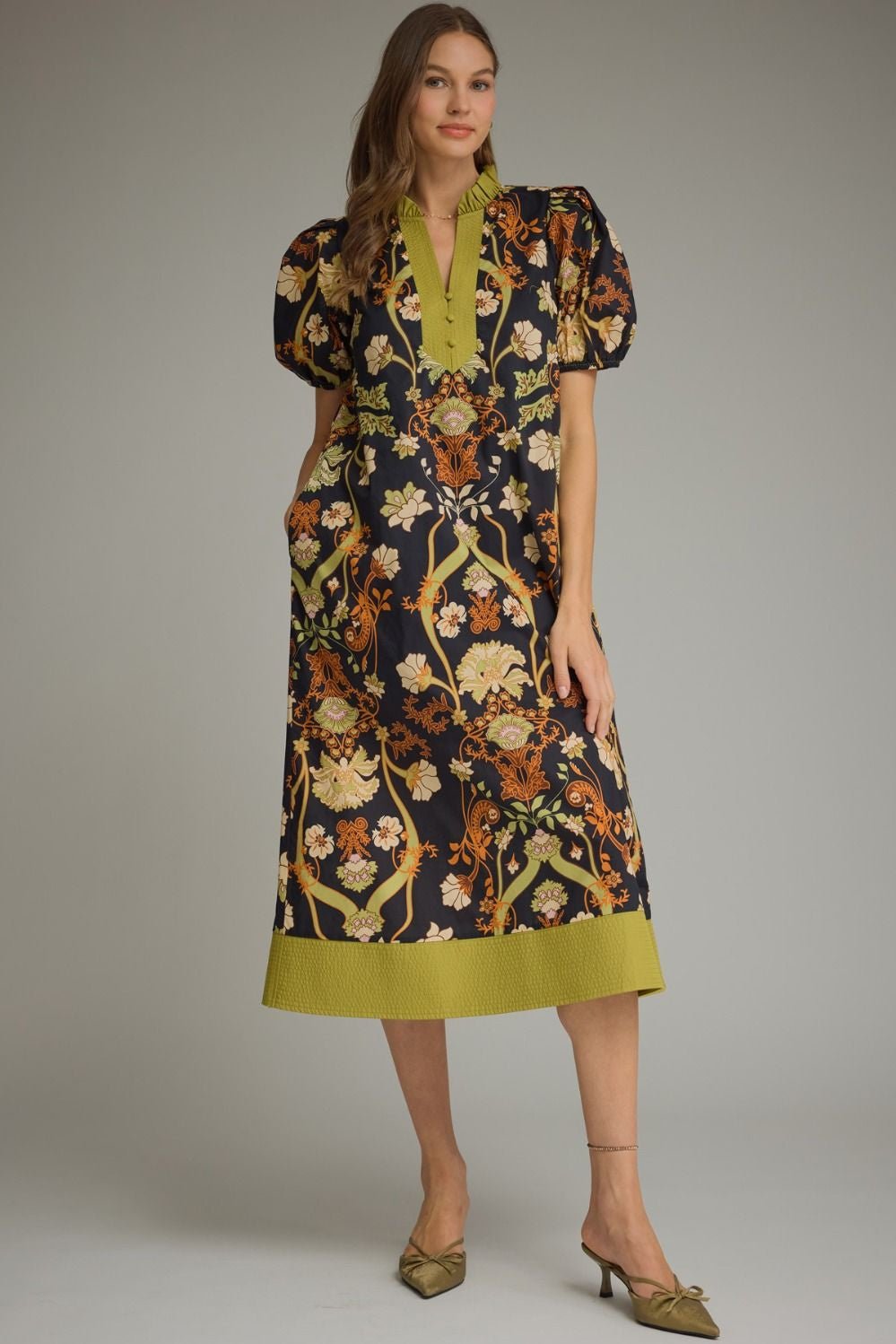 Midi Dress w/ Ruffled Band Collar D31787 - Hello Beautiful BoutiqueEntro
