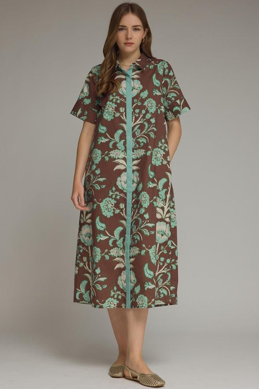 Midi Floral Dress with Banding D32337 - Hello Beautiful BoutiqueEntro