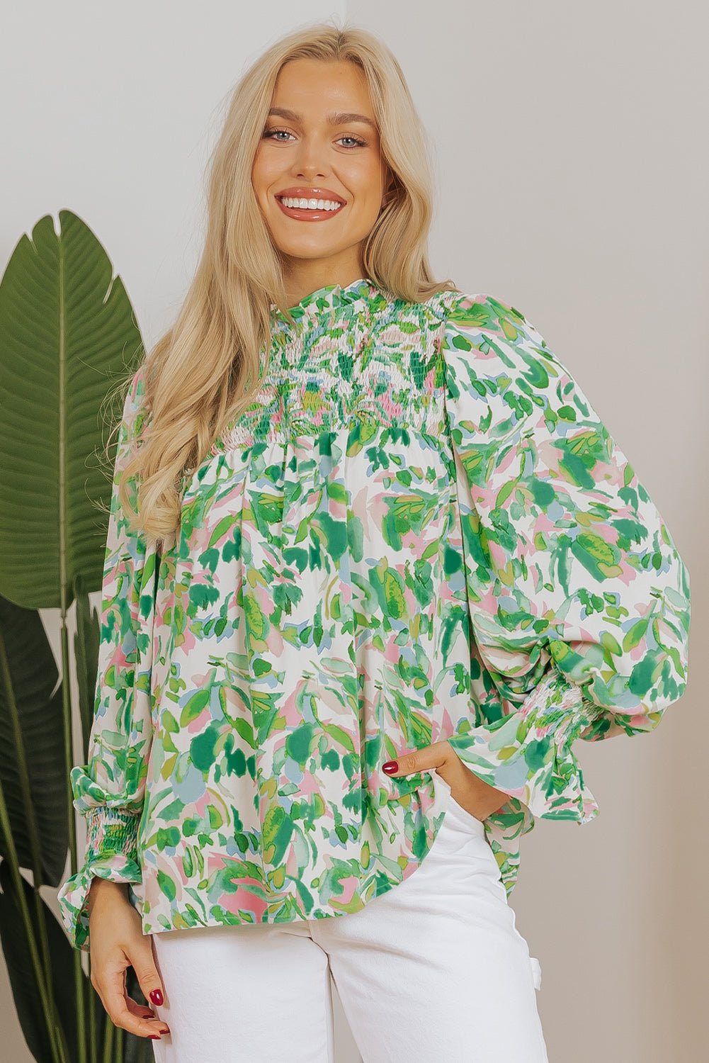 Milena Sleeve Shirred Mock Blouse - Hello Beautiful Boutique15% OFFThreaded Pear