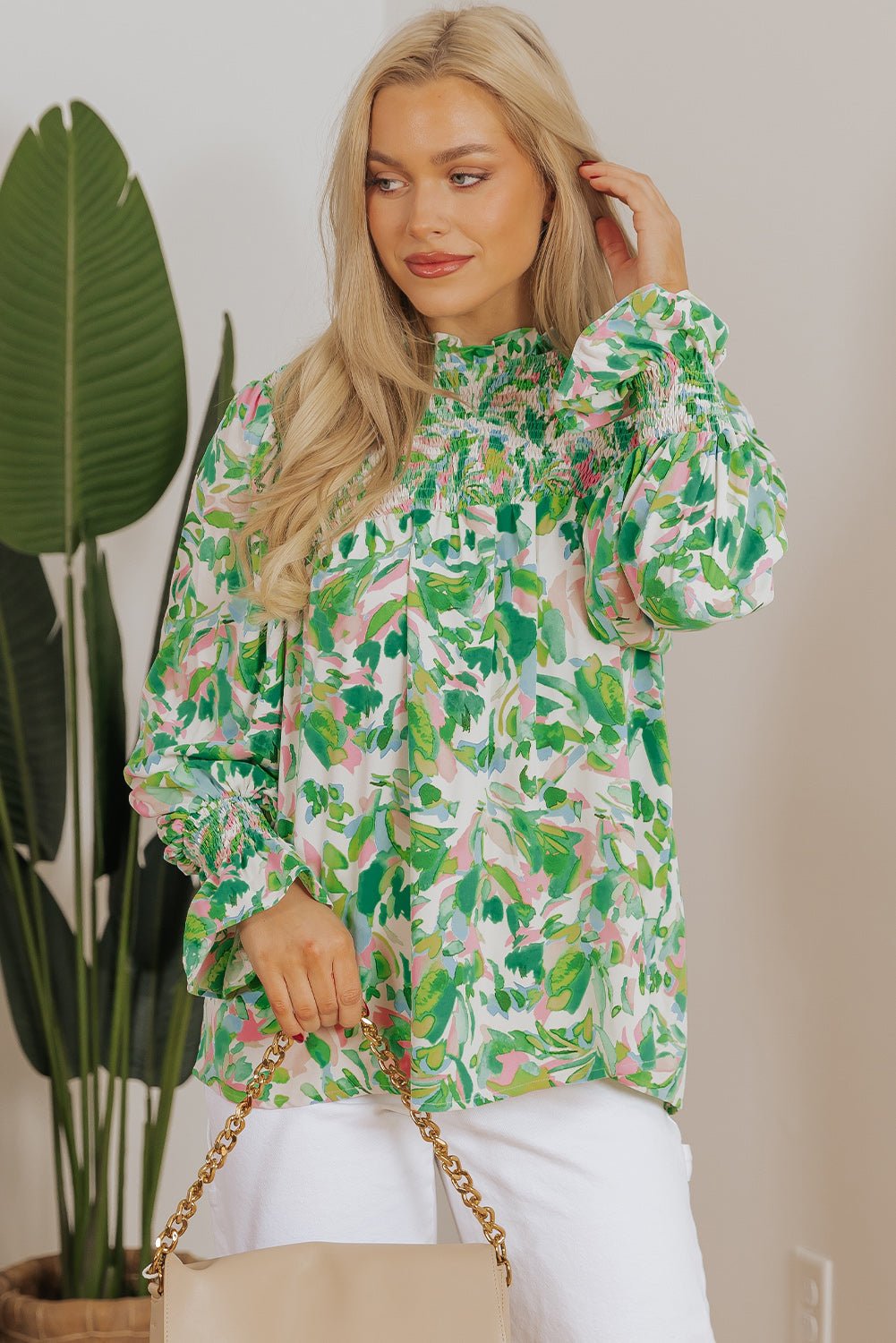 Milena Sleeve Shirred Mock Blouse - Hello Beautiful Boutique15% OFFThreaded Pear