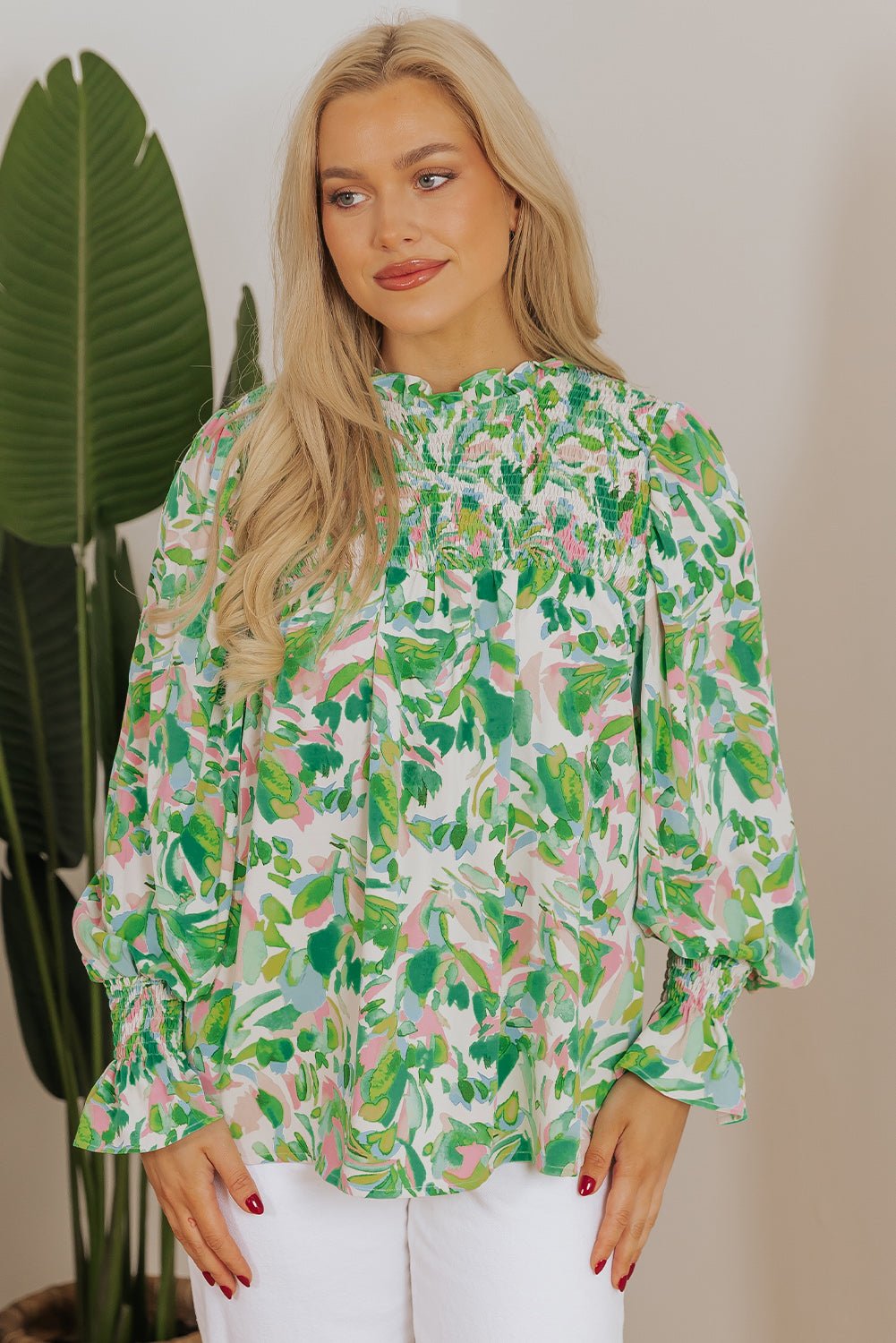 Milena Sleeve Shirred Mock Blouse - Hello Beautiful Boutique15% OFFThreaded Pear