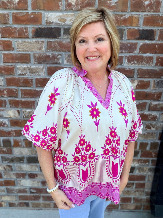 Mix Boho Border Print Puff Sleeve Top - Hello Beautiful BoutiqueTopUmgee