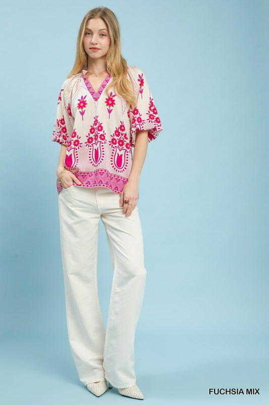 Mix Boho Border Print Puff Sleeve Top - Hello Beautiful BoutiqueTopUmgee