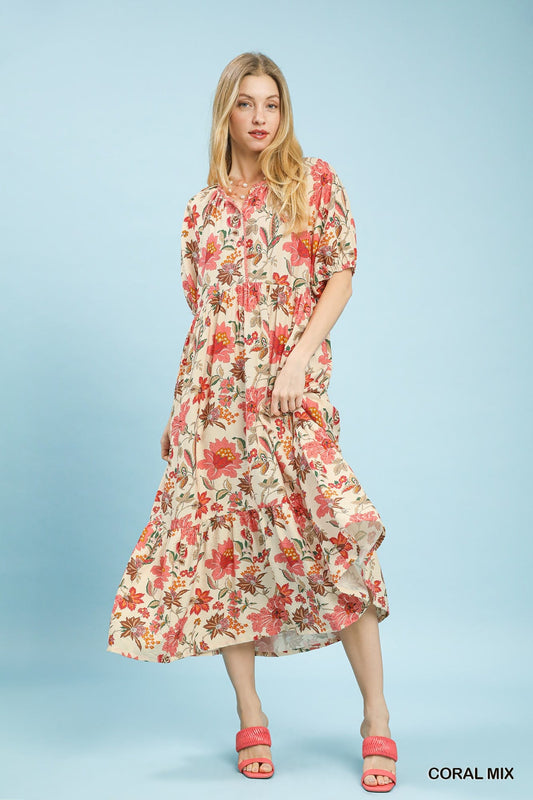 Mix Floral Midi w/ Puff Sleeves K1822 - Hello Beautiful BoutiqueDressUmgee