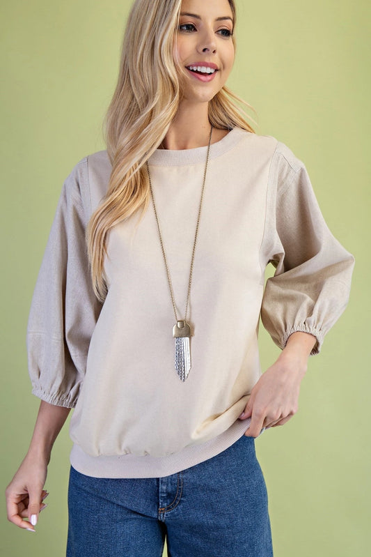 Mixed Fabric Top With Contrast Stitching TE1286 - Hello Beautiful BoutiqueTopGigio