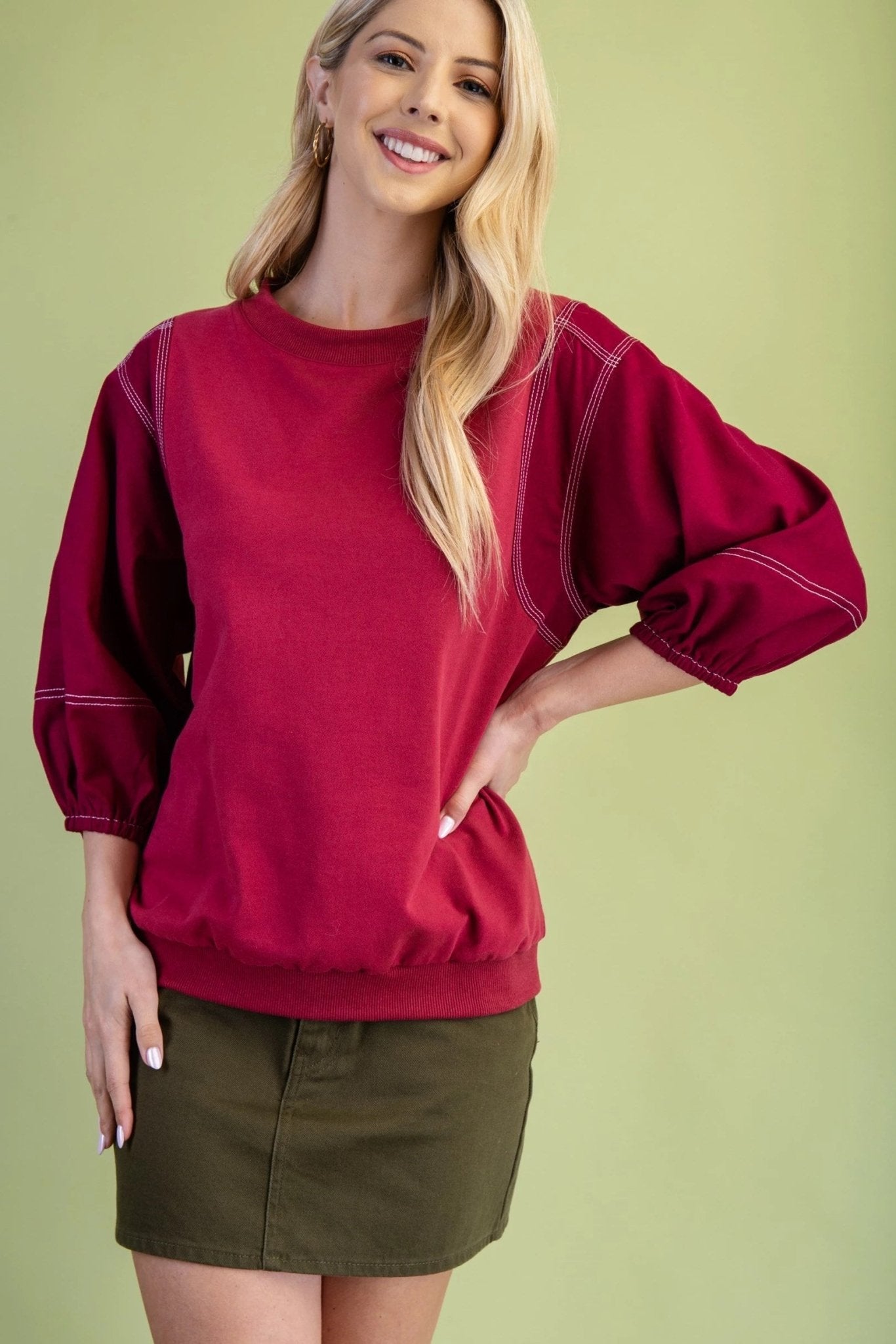 Mixed Fabric Top With Contrast Stitching TE1286 - Hello Beautiful BoutiqueTopGigio