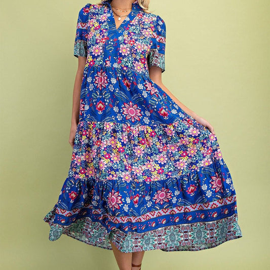 Mixed Print Tiered Midi Dress with Ruffle Neck - Hello Beautiful BoutiqueDressGigio