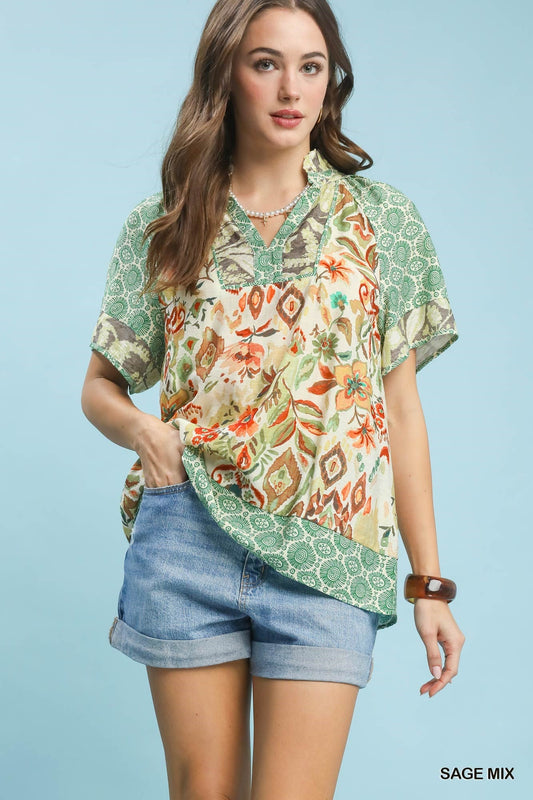 Mixed Print V - Neck Short Sleeve Top C6055 - Hello Beautiful BoutiqueTopUmgee